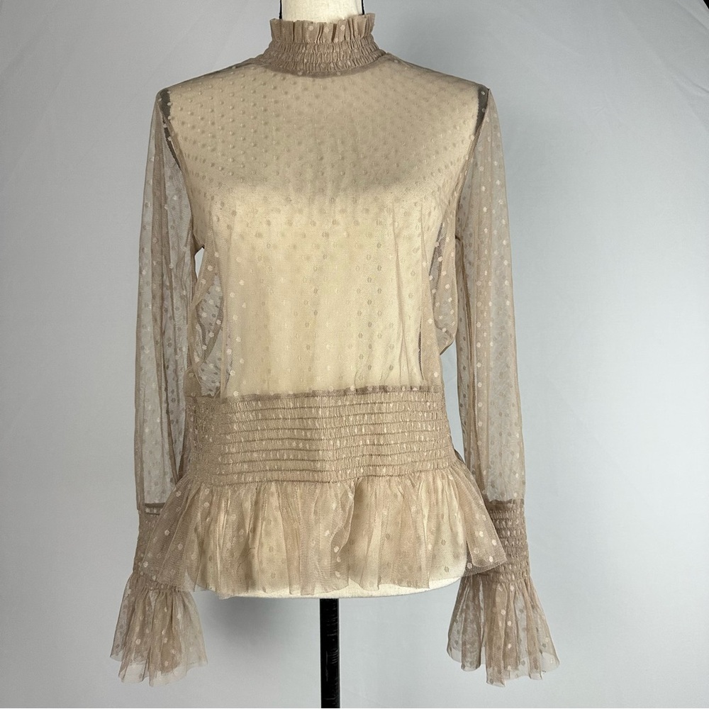 TIMING beige polka dot sheer blouse with ruffle waist wrists - size smalll